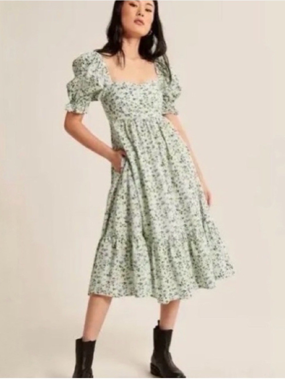 Abercrombie and Fitch Floral Puff-Sleeve Midi Dress in Light Green